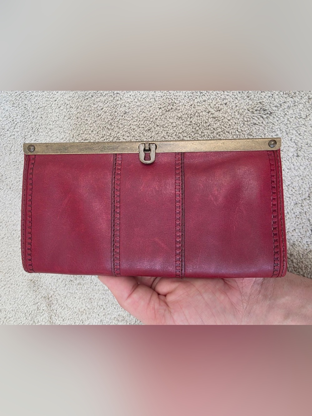 Fossil Kayla Burgundy Red Leather Frame Clutch Wallet Brass Kiss Lock Organizer